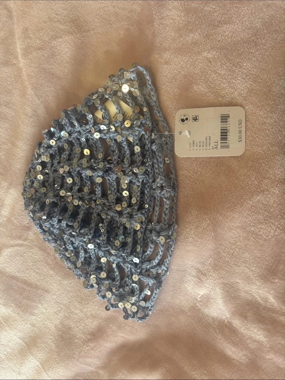 Sequin Crochet Beanie Hat - Light Blue